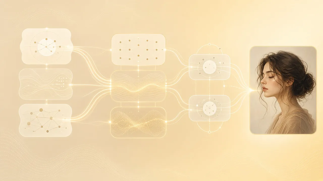 Nano Banana 2 与 Gemini 3.1 Flash Image 技术架构示意：理解、生成与对话精修链路