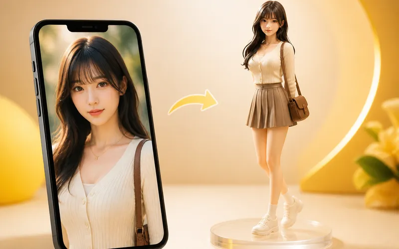 Nano Banana 真人 3D 手办示例:左侧真人照片参考,右侧同角色 PVC 手办成品展示