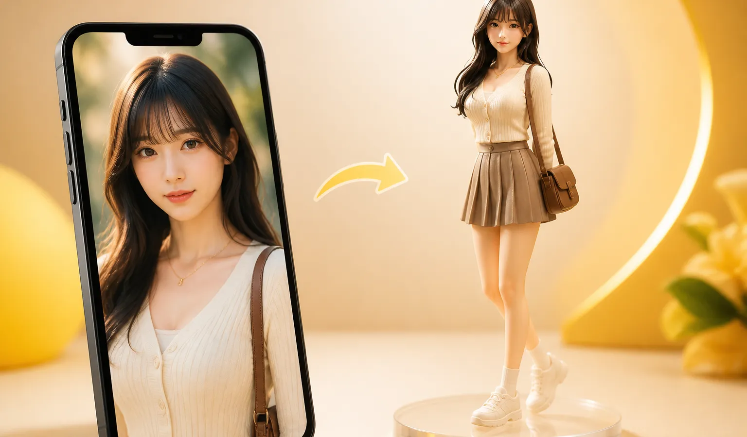 Nano Banana 真人 3D 手办示例:左侧真人照片参考,右侧同角色 PVC 手办成品展示